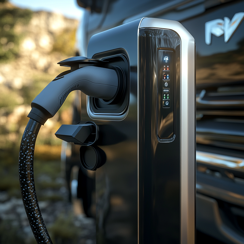 afbeelding van vrachtwagen met electrische opladerpaal. De vrachtwagen is ingeplugd